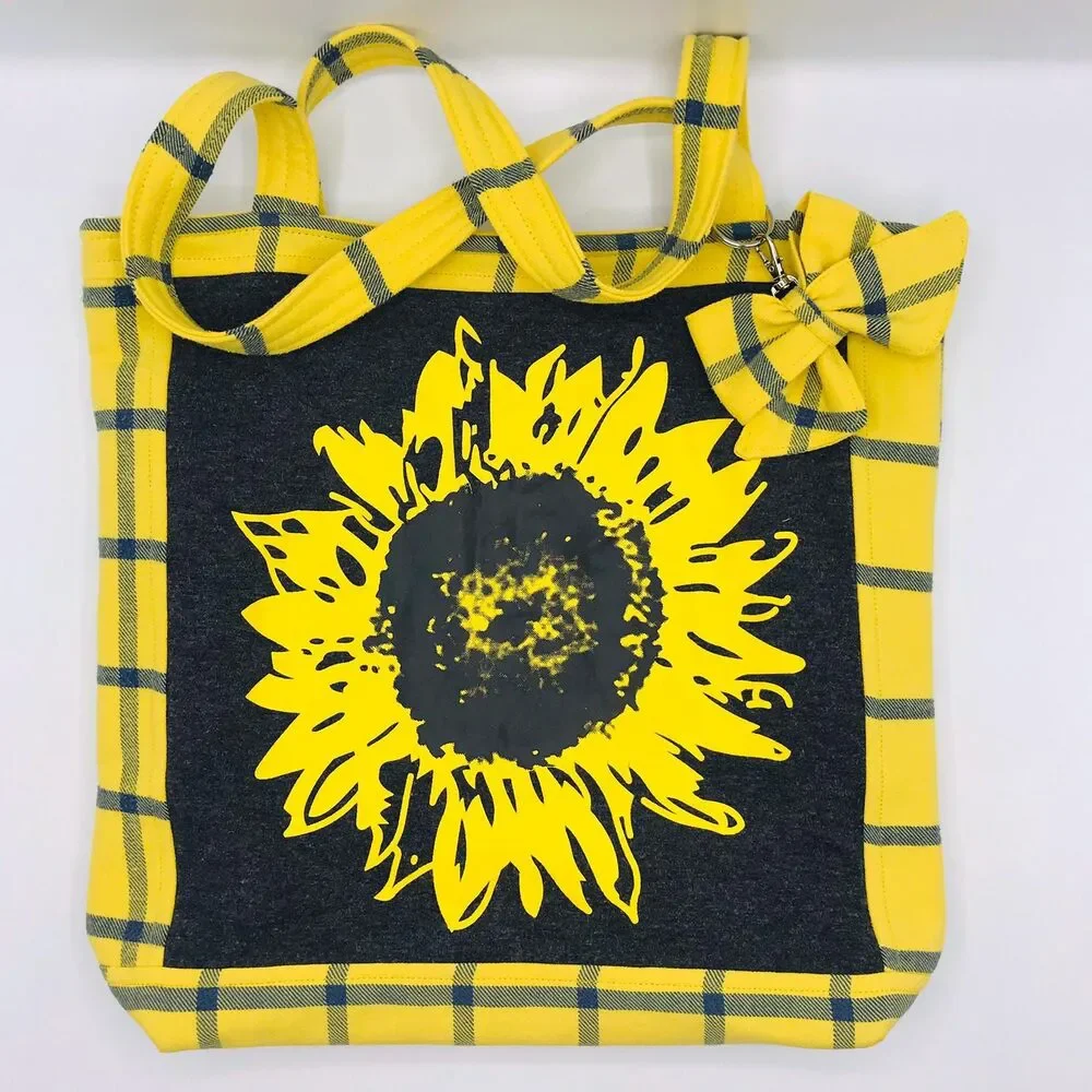 Handmade Tote Bag: Repurposed, Sunflower on Plaid, Grey, Yellow, Blue, Cottage - Picture 1 of 10